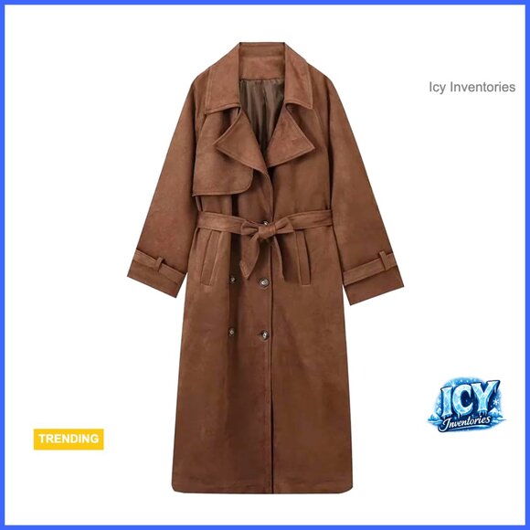 Jackets & Blazers - Faux Suede Trench Coat Double Breasted Pea Coat with Belt